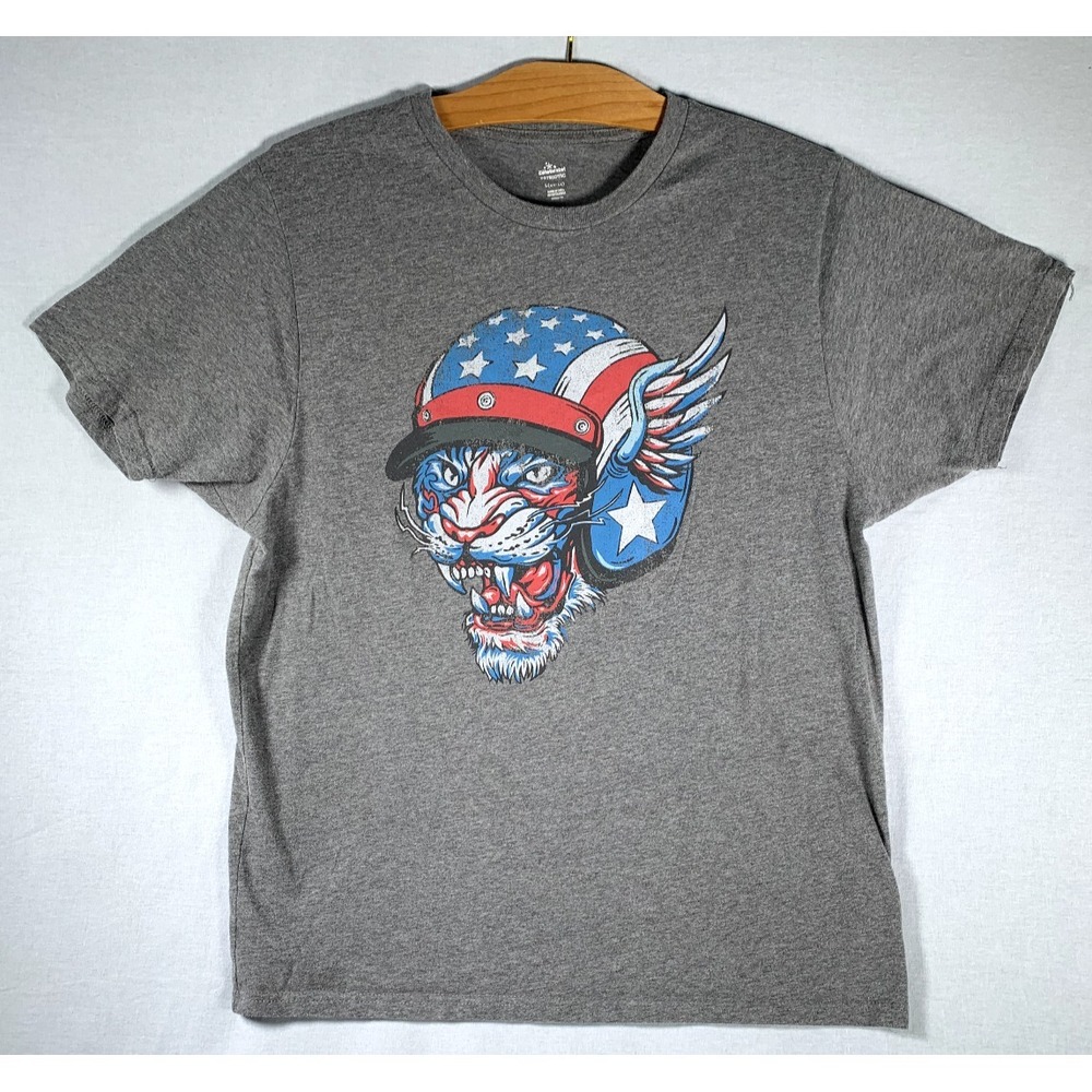 Retro Celebrate Patriotic American Biker Cat Gray T-Shirt Motorcycle Large
